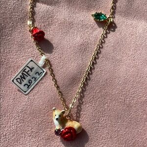 Les NEREIDES Gold Necklace with corgi Dog and Rose Charms
